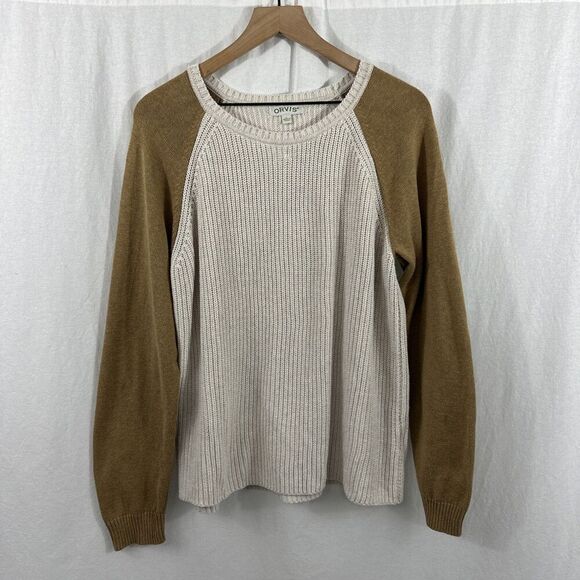Orvis Knit Elbow Patch Brown Cream Cotton Crewneck Sweater Womens Size L Beach - Picture 1 of 12